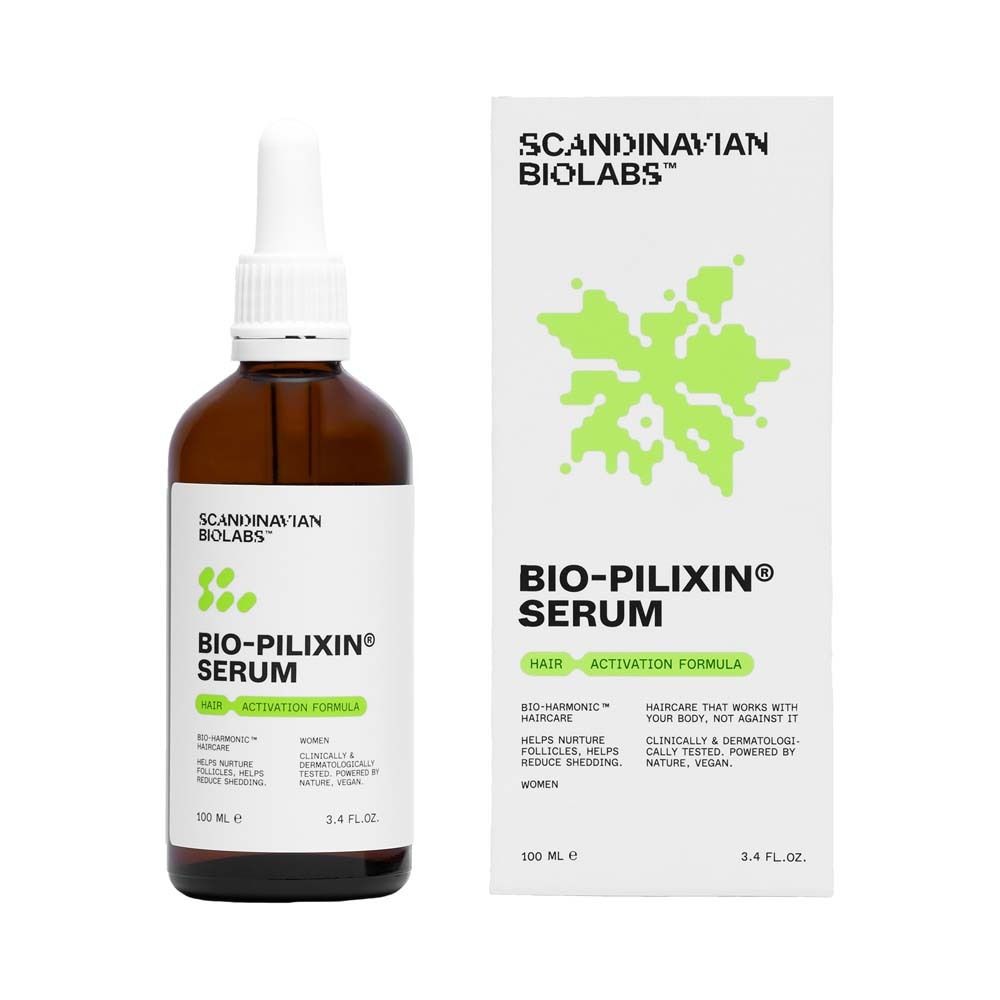 Braune Flasche mit weißem Deckel und Etikett. Auf dem Etikett steht Bio-Pilixin Serum. Daneben eine weiße Schachtel.