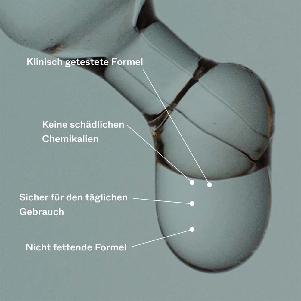 Nahaufnahme der Pipettenspitze. Text: klinisch getestete Formel, keine schädlichen Chemikalien, sicher für den täglichen Gebrauch.