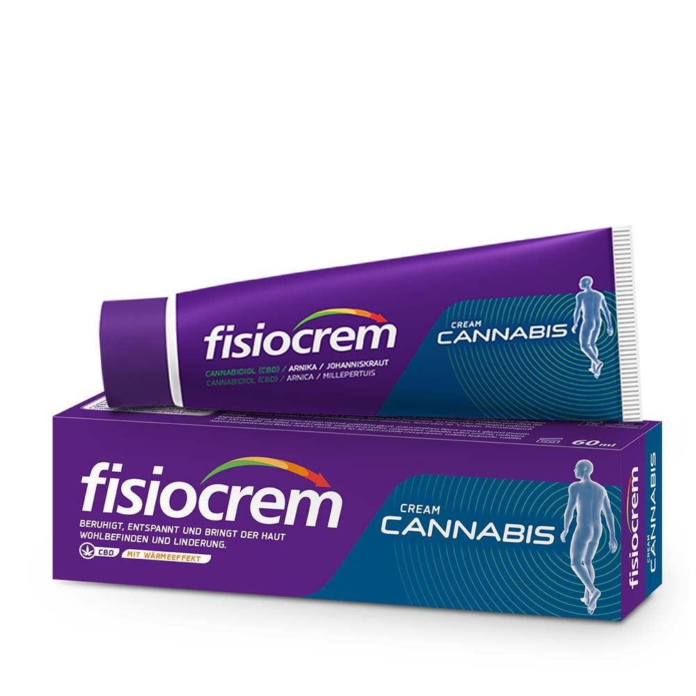 Fisiocrem Cannabis Creme und Verpackung. Lila Tube und Schachtel mit Produktnamen und Logo. Enthält ein menschliches Silhouette-Symbol.