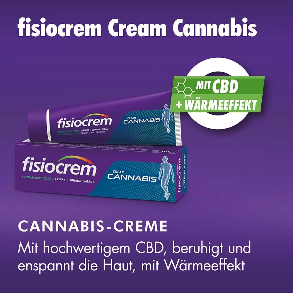 Fisiocrem Cannabis Creme, Tube und Schachtel. Lila Hintergrund mit Text. Enthält CBD und Wärme-Effekt. Produktname und Logo sichtbar.