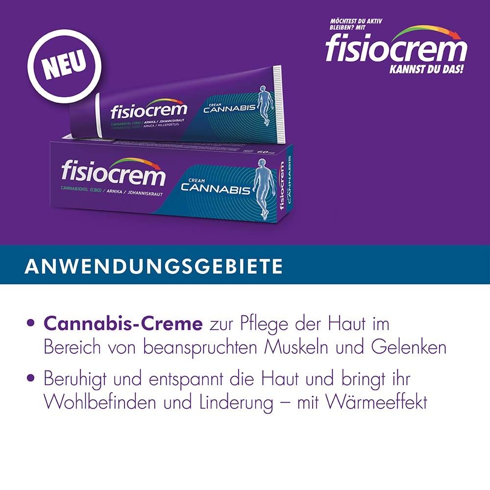 Fisiocrem Cannabis Creme, Tube und Schachtel. Lila Hintergrund mit Text. Anwendungsgebiete: Hautpflege für Muskeln und Gelenke.