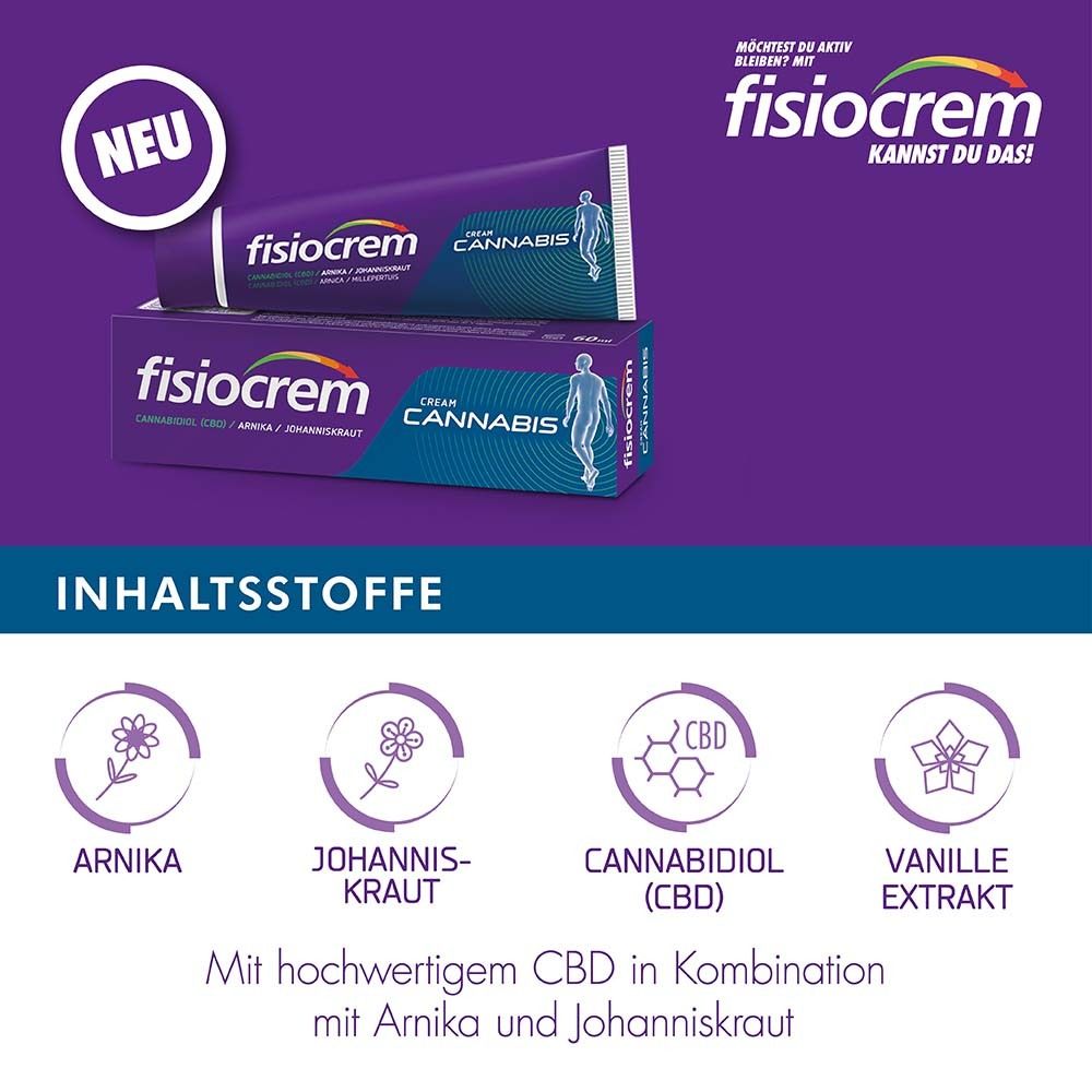 Fisiocrem Cannabis Creme, Tube und Schachtel. Lila Hintergrund mit Text. Inhaltsstoffe: Arnika, Johanniskraut, Cannabidiol (CBD), Vanilleextrakt.