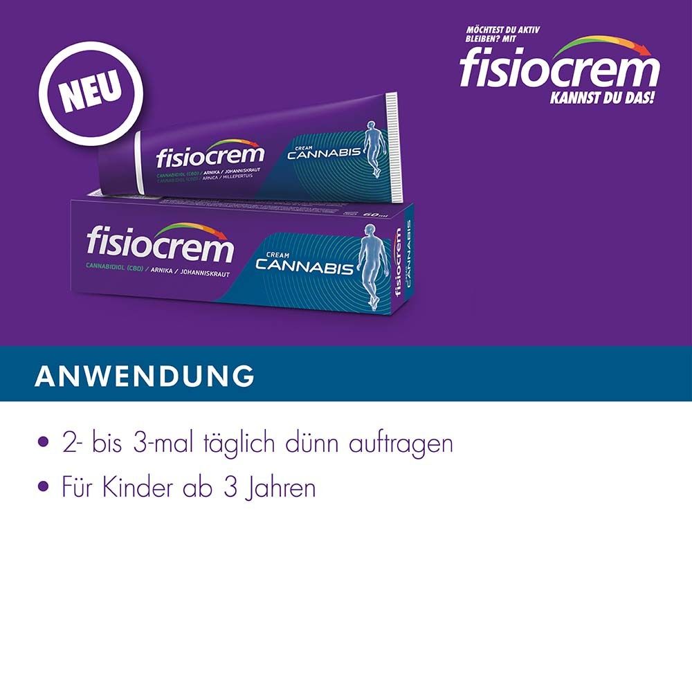 Fisiocrem Cannabis Creme, Tube und Schachtel. Lila Hintergrund mit Text. Anwendung: 2-3 mal täglich dünn auftragen. Für Kinder ab 3 Jahren.