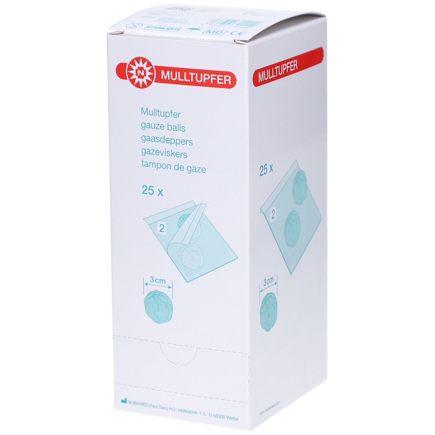 Verpackung mit Mulltupfern. Aufdrucke: Mulltupfer, 25 Stück, 3 cm. Illustrationen von Tupfern in Beuteln.