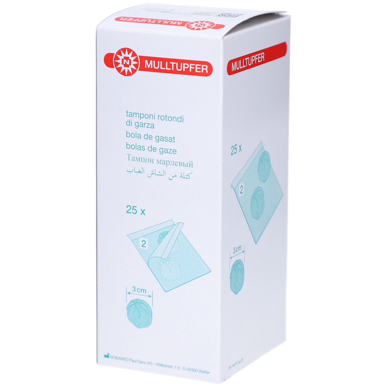 Verpackung mit Mulltupfern. Aufdrucke: Mulltupfer, 25 Stück, 3 cm. Illustrationen von Tupfern in Beuteln.