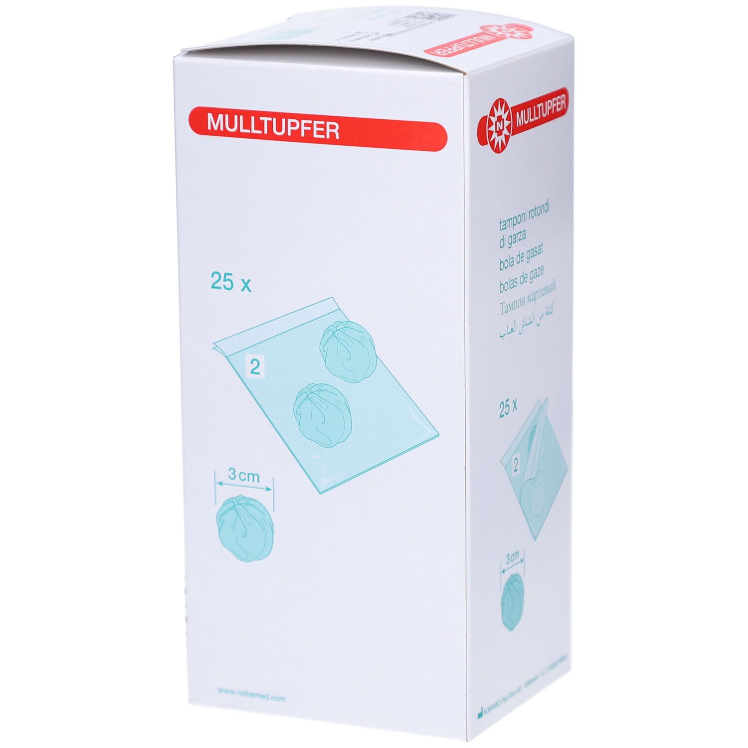 Verpackung mit Mulltupfern. Aufdrucke: Mulltupfer, 25 Stück, 3 cm. Illustrationen von Tupfern in Beuteln.