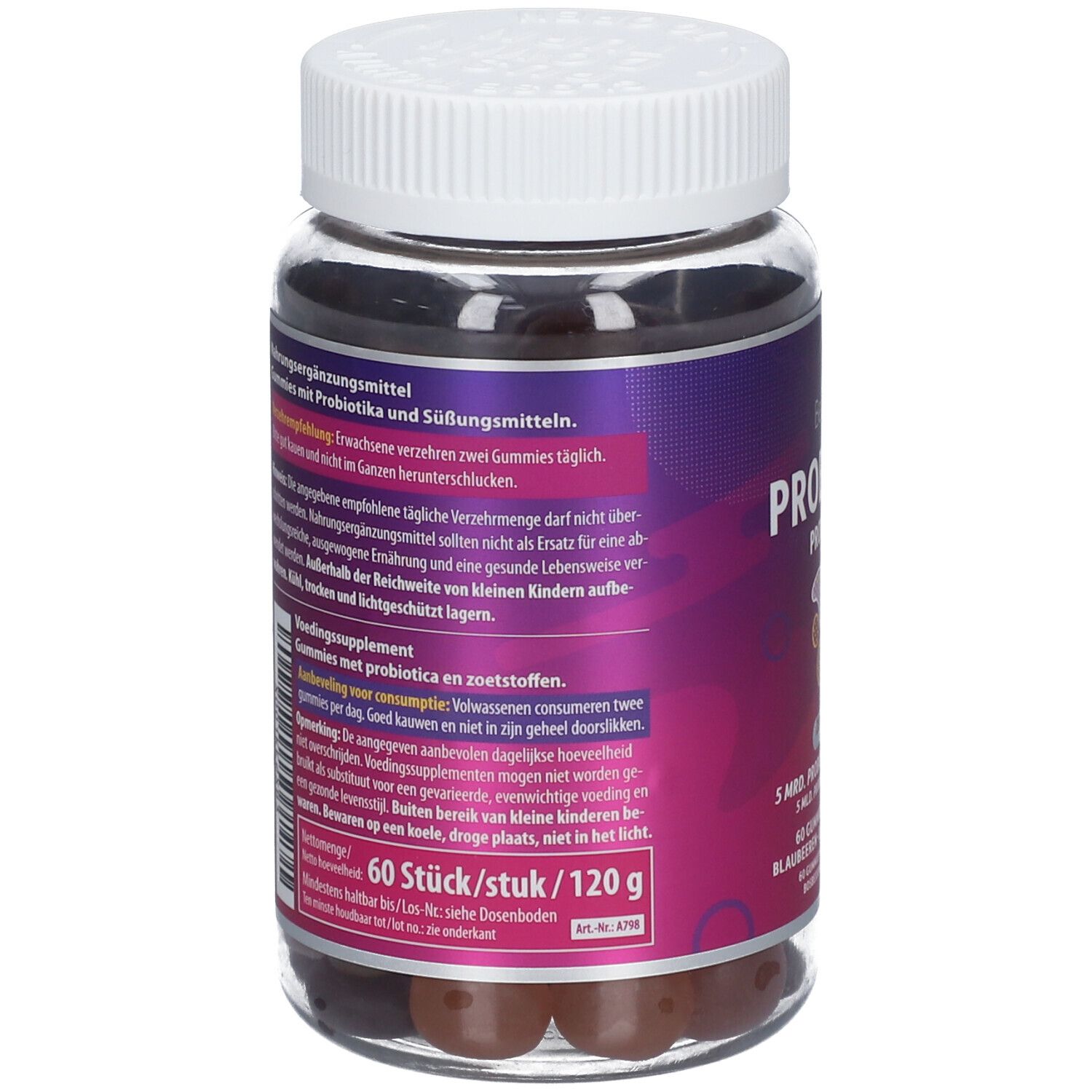 Rückseite der BeLive® PROBIOTIK-Flasche. Zeigt Text, vermutlich Inhaltsstoffe und Nährwertangaben. Weißer Deckel.