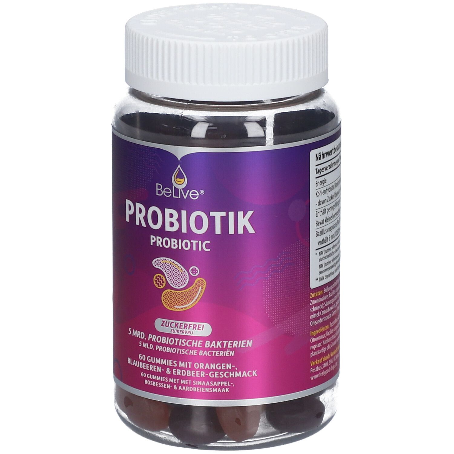 BeLive® PROBIOTIK-Flasche, Nahaufnahme. Zeigt Produktnamen, Logo und Gummis. Weißer Deckel.