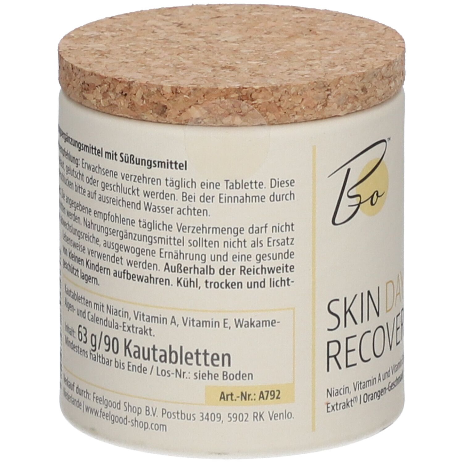 Behälter mit Korkdeckel. Aufschrift: Bo BEAUTY ORGANICS™ SKIN DAY RECOVERY. Text in deutscher Sprache.