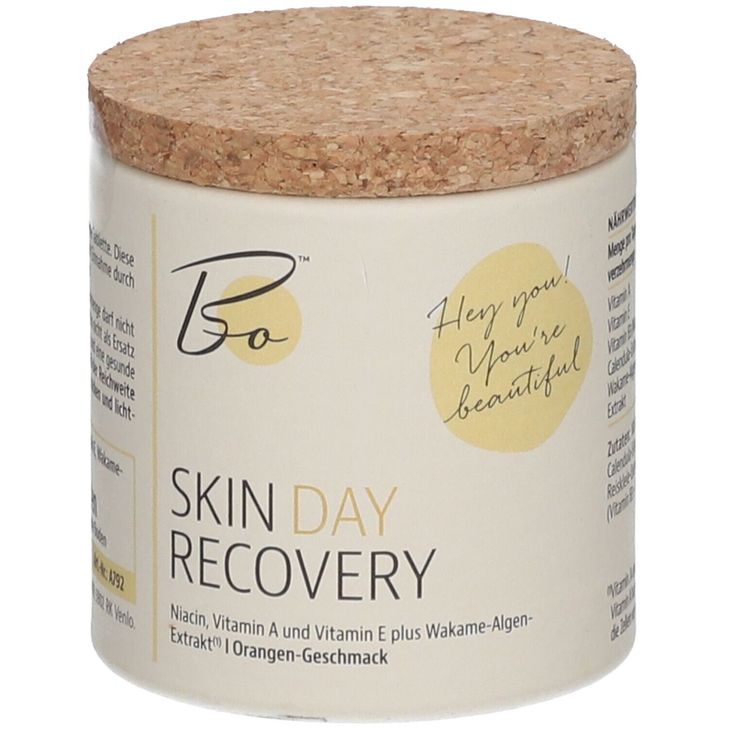 Behälter mit Korkdeckel. Aufschrift: Bo BEAUTY ORGANICS™ SKIN DAY RECOVERY. Text in deutscher Sprache.