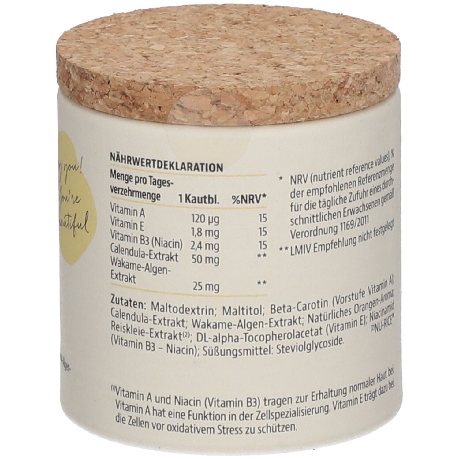 Behälter mit Korkdeckel. Aufschrift: Bo BEAUTY ORGANICS™ SKIN DAY RECOVERY. Text in deutscher Sprache.