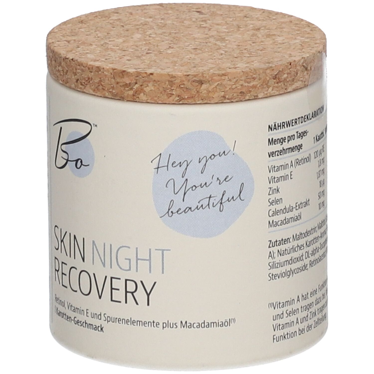 Beige Dose mit Korkdeckel. Aufschrift: SKIN NIGHT RECOVERY. Enthält Retinol, Vitamin E und Spurenelemente.