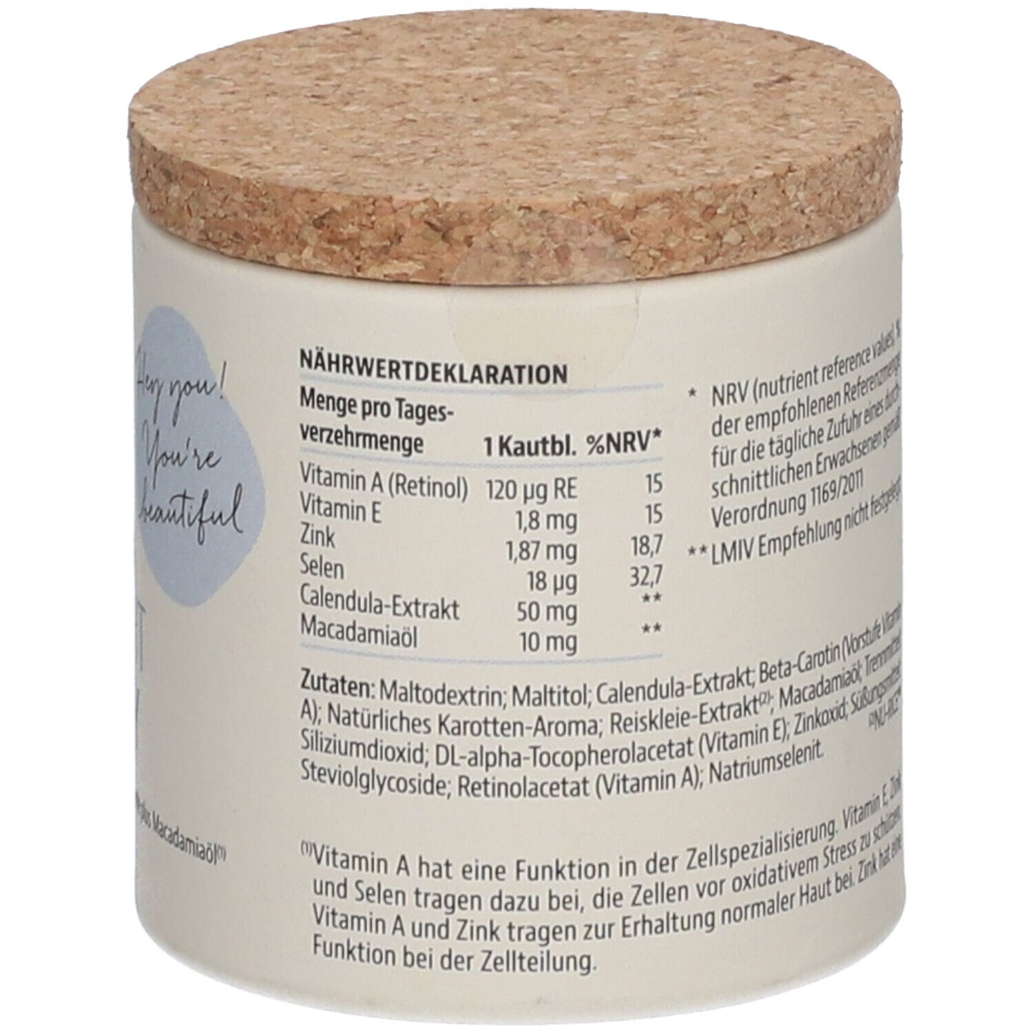 Beige Dose mit Korkdeckel. Aufschrift: SKIN NIGHT RECOVERY. Enthält Retinol, Vitamin E und Spurenelemente.