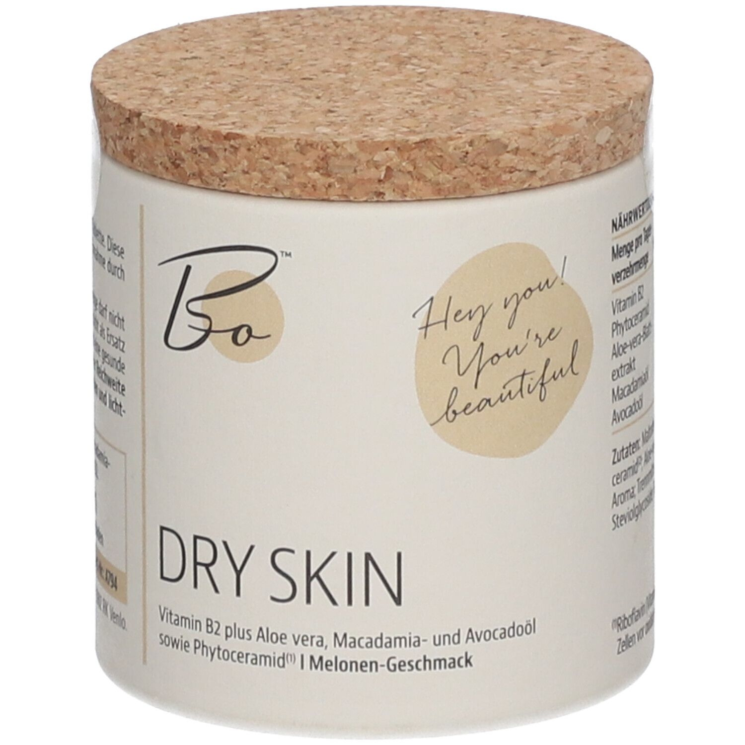 Behälter mit Korkdeckel. Aufschrift: Bo BEAUTY ORGANICS™ DRY SKIN. Text: Vitamin B2, Aloe vera, Macadamia, Avocadoöl. Melonen-Geschmack.