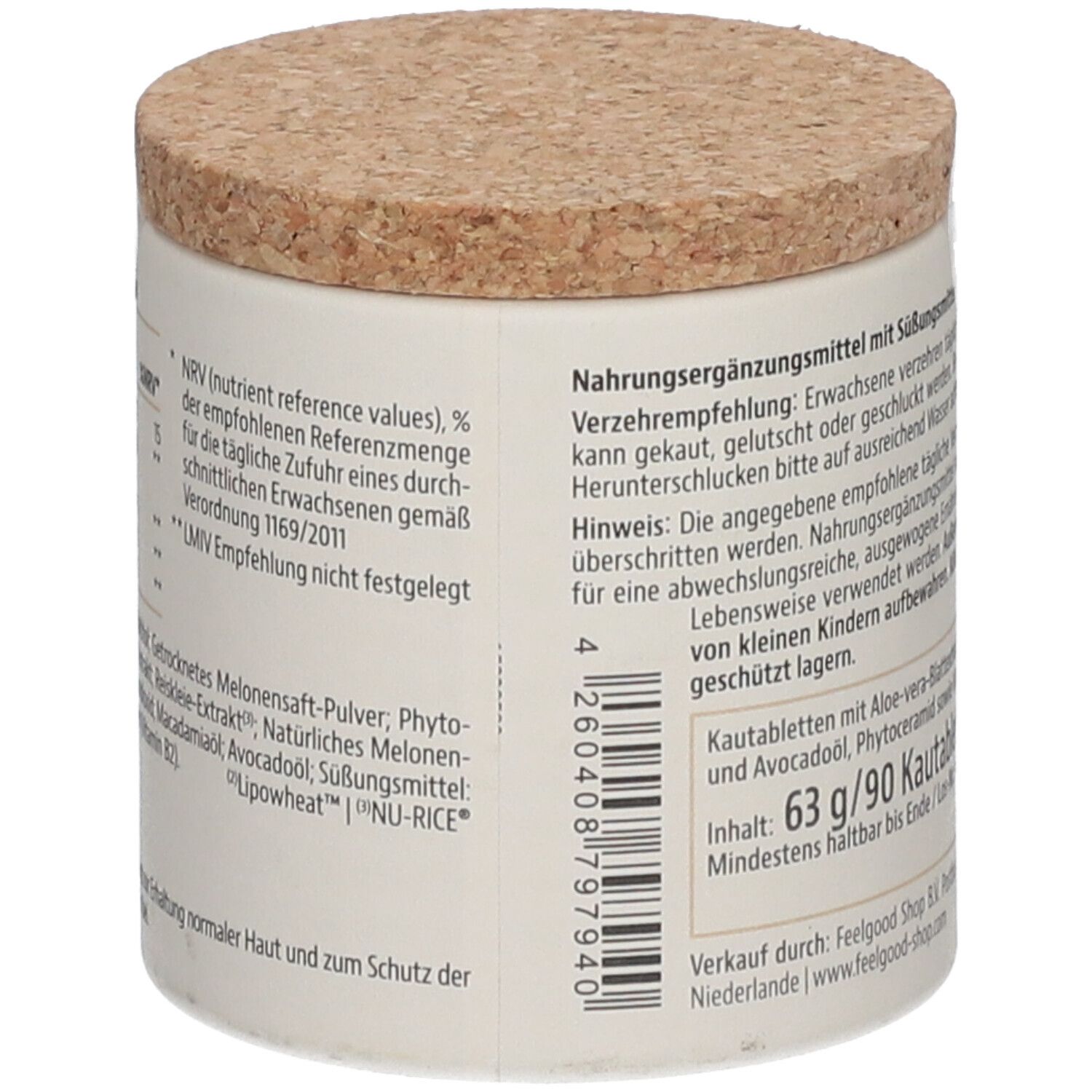 Behälter mit Korkdeckel. Rückseite. Text: Kautabletten mit Aloe-vera-Blattextrakt, Macadamia und Avocadoöl, Süßungsmittel. 63 g/90 Kautabletten.