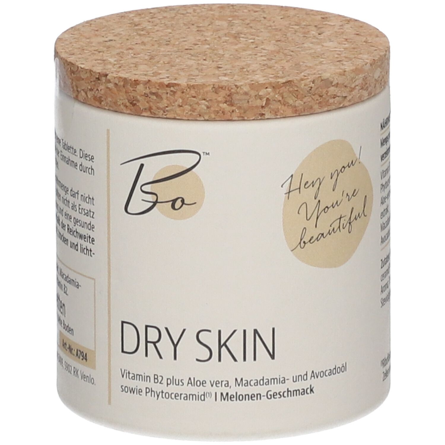 Behälter mit Korkdeckel. Aufschrift: Bo BEAUTY ORGANICS™ DRY SKIN. Text: Vitamin B2, Aloe vera, Macadamia, Avocadoöl. Melonen-Geschmack.