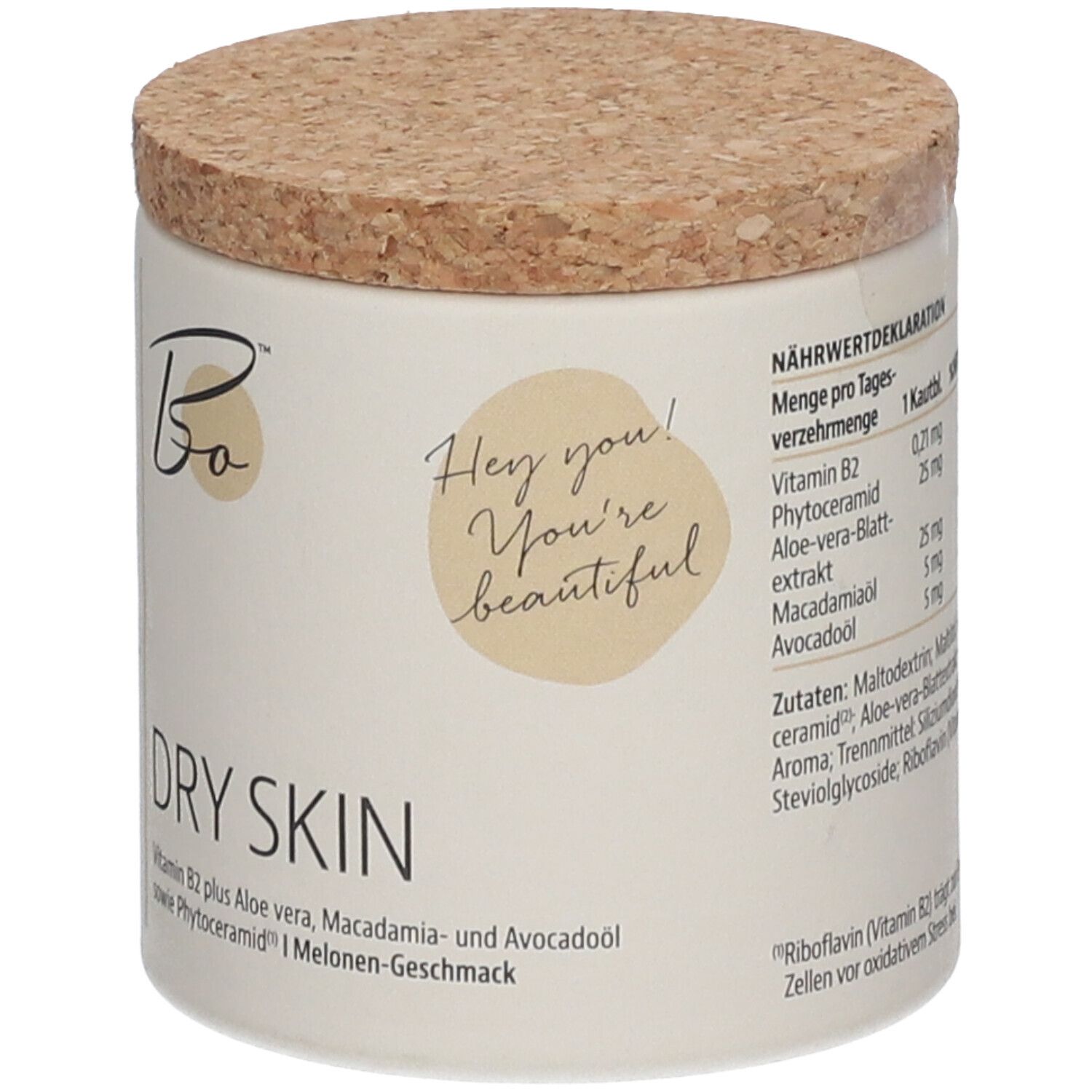 Behälter mit Korkdeckel. Aufschrift: Bo BEAUTY ORGANICS™ DRY SKIN. Text: Vitamin B2, Phytoceramid, Aloe vera, Macadamiaöl, Avocadoöl.