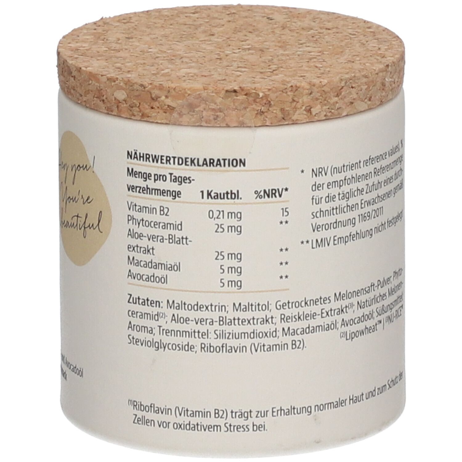 Behälter mit Korkdeckel. Nährwertdeklaration. Text: Vitamin B2, Phytoceramid, Aloe-vera-Blattextrakt, Macadamiaöl, Avocadoöl.