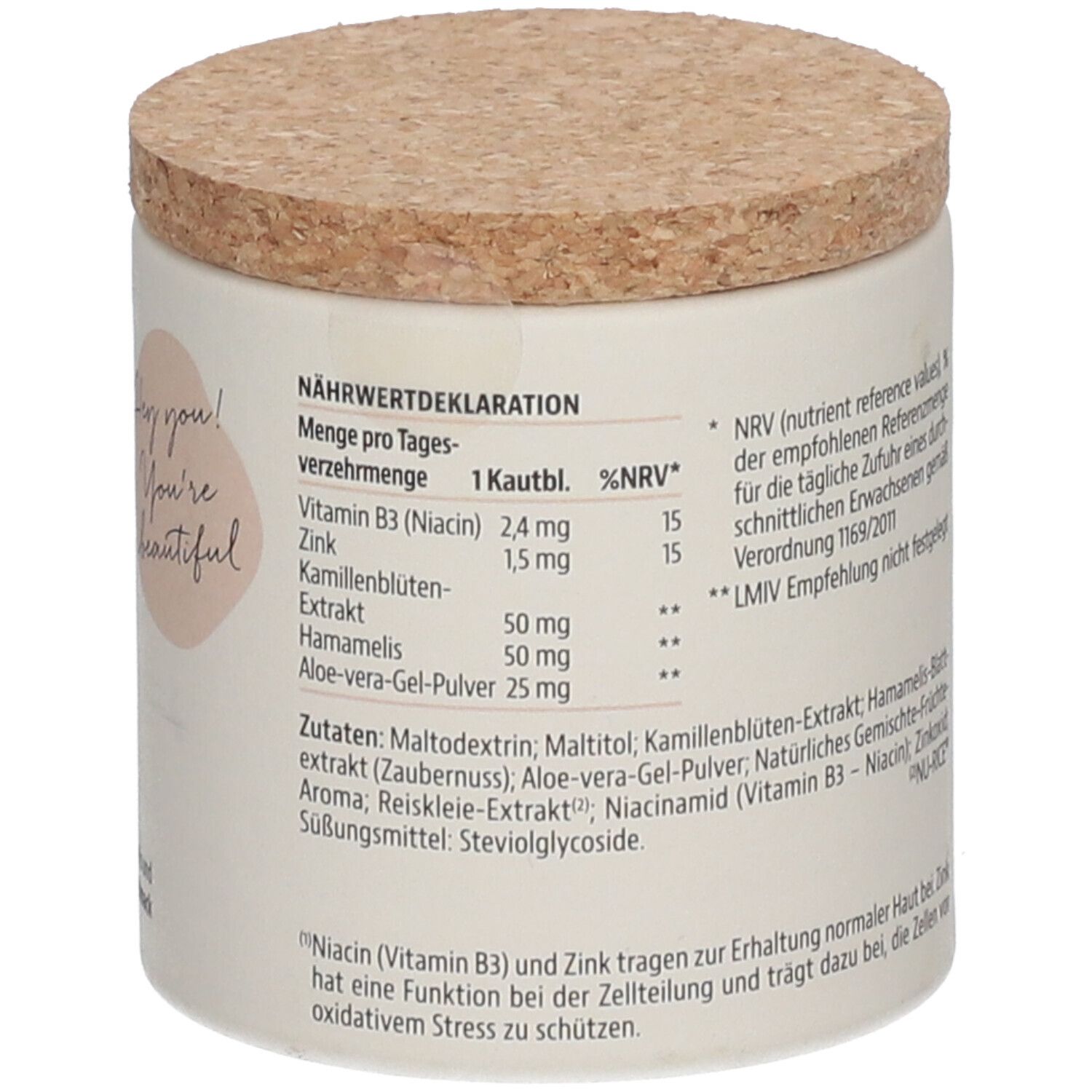 Behälter mit Korkdeckel. Aufschrift: OILY SKIN. Marke: Bo BEAUTY ORGANICS™. Text: Nährwertdeklaration. Menge pro Tagesverzehrmenge.