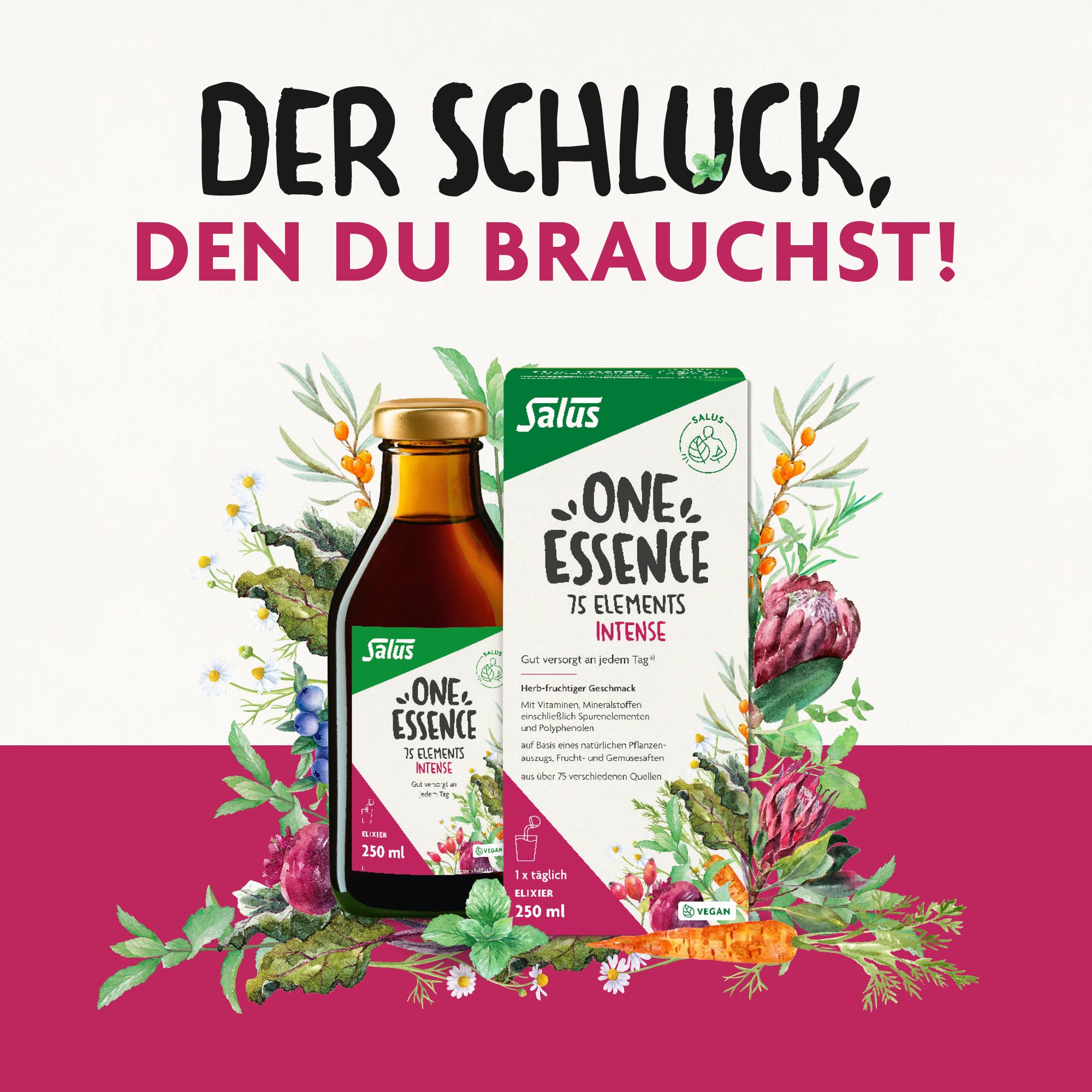 One Essence 75 Elements Flasche und Verpackung, umgeben von Gemüse und Kräutern. Vegan-Siegel.