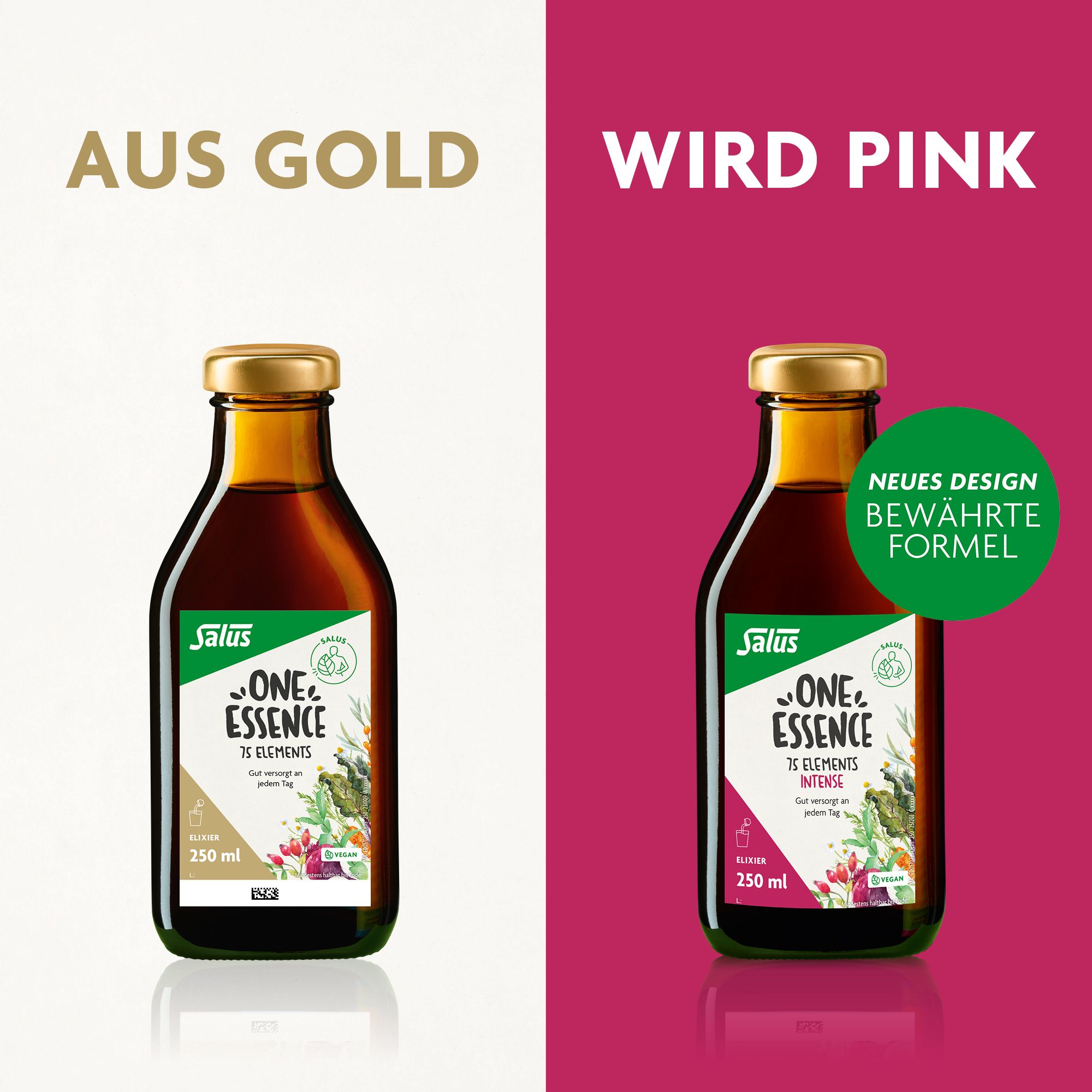 Zwei Flaschen One Essence 75 Elements. Eine goldfarben, eine pinkfarben. Neues Design, bewährte Formel.