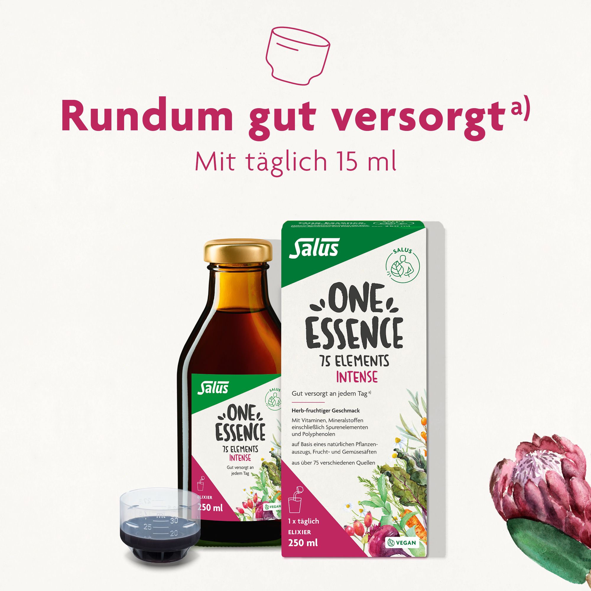 Flasche und Verpackung von One Essence 75 Elements. Messbecher. Text: Rundum gut versorgt.