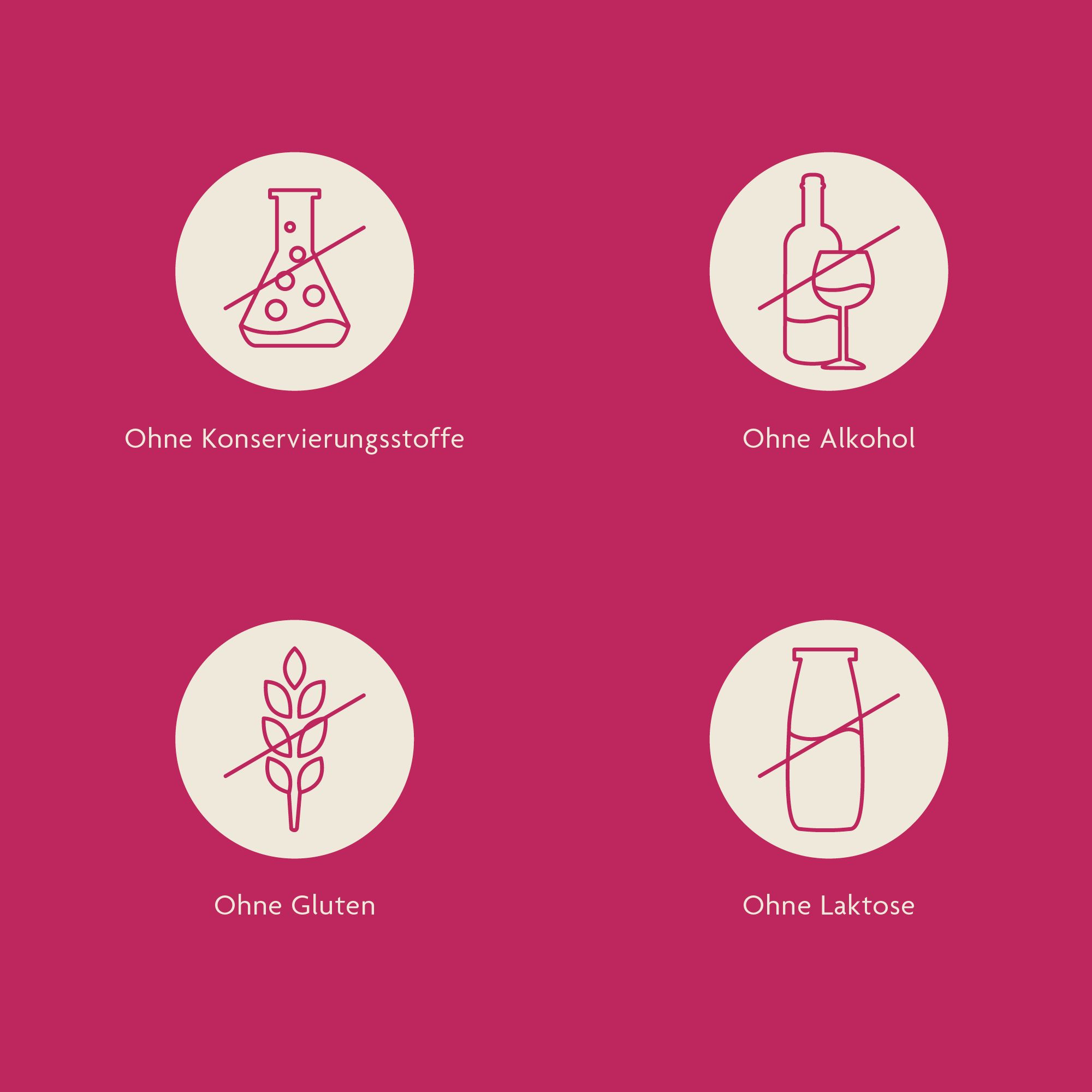 Symbole: Ohne Konservierungsstoffe, Alkohol, Gluten, Laktose.