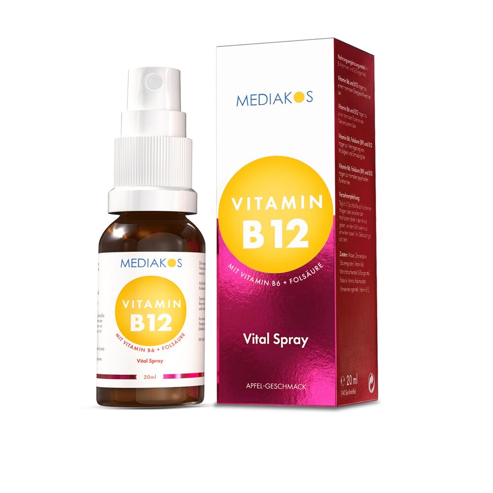 Mediakos Vitamin B12 Vital Spray Flasche und Karton.