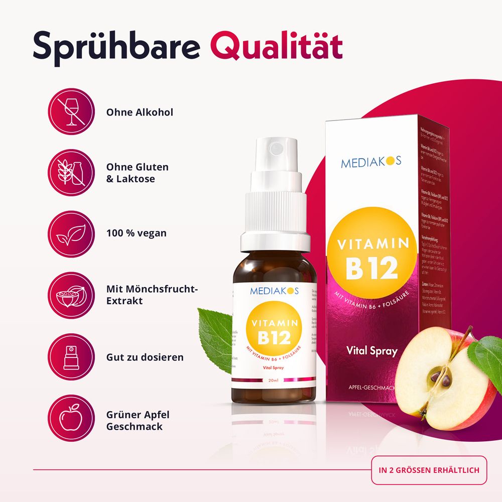 Seitenansicht der Mediakos Vitamin B12 Vital Spray Flasche mit Chargennummer.