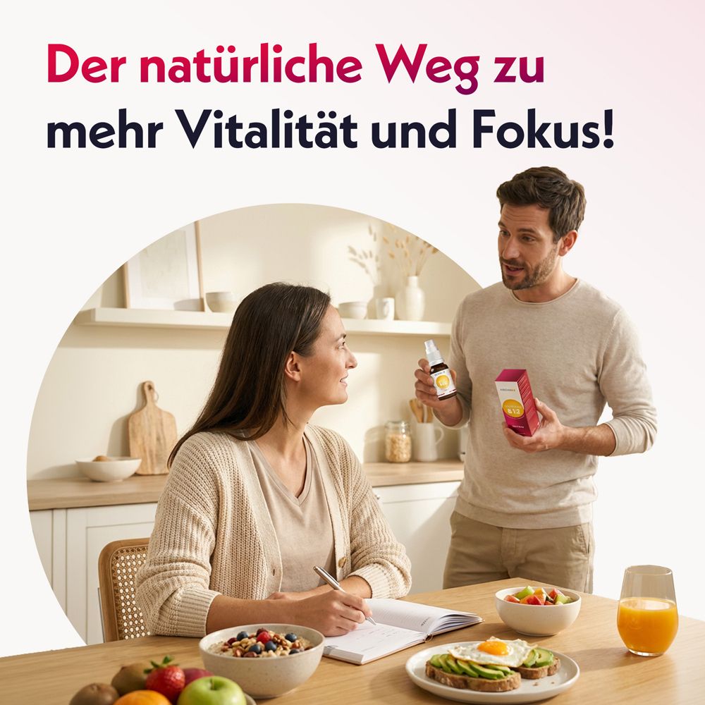 Mediakos Vitamin B12 Vital Spray Flasche, Vorderansicht mit Etikett.