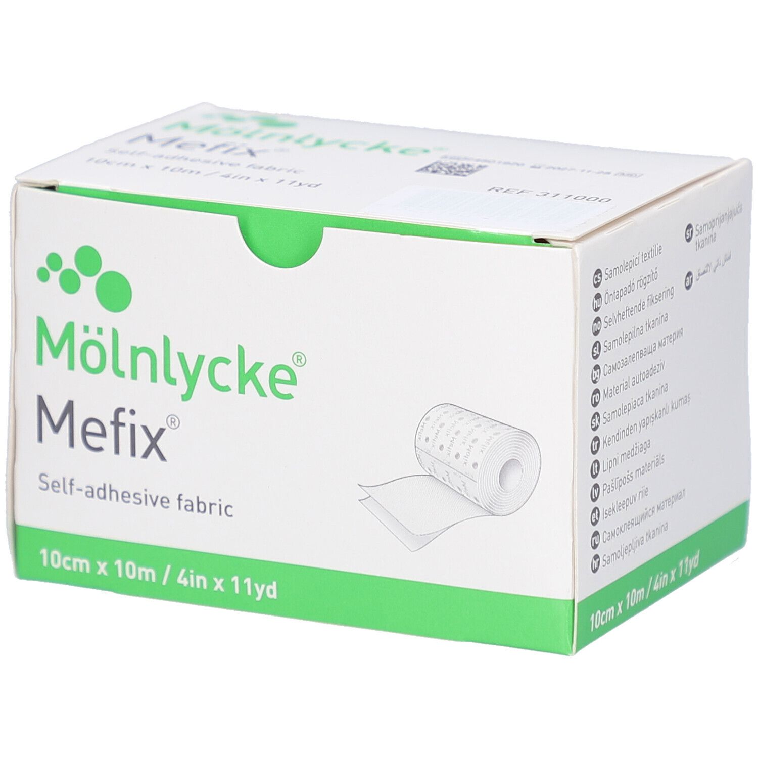 Verpackung von Mefix Fixiervlies. Weißer Karton mit grünen Akzenten. Aufdruck: Mefix, 10cm x 10m, selbstklebendes Gewebe.