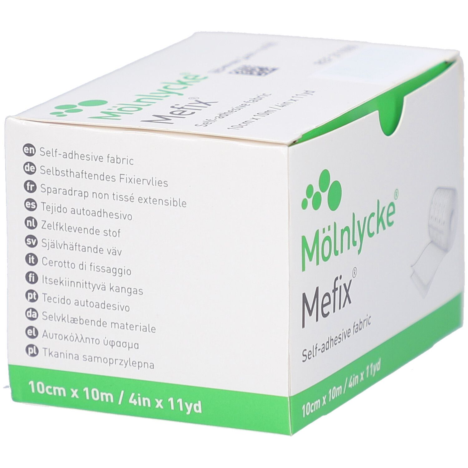 Verpackung von Mefix Fixiervlies. Weißer Karton mit grünen Akzenten. Mehrsprachige Produktinformationen.