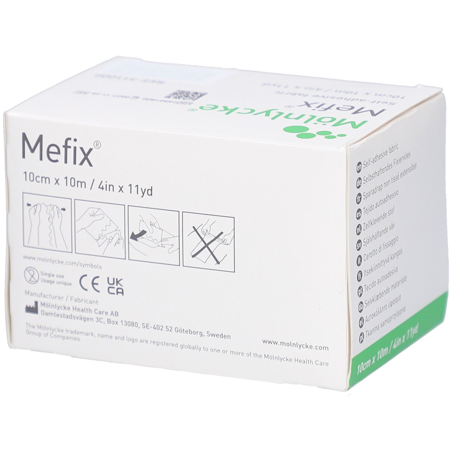 Verpackung von Mefix Fixiervlies. Weißer Karton mit grünen Akzenten. Piktogramme zur Anwendung.