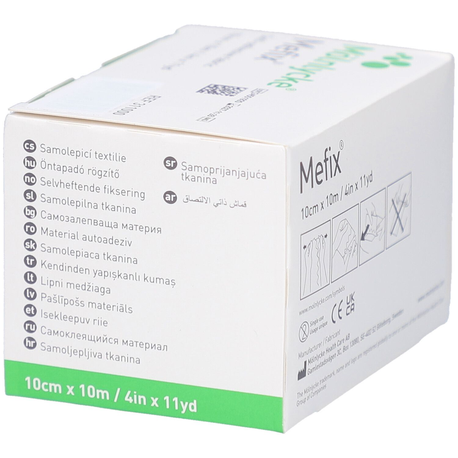 Verpackung von Mefix Fixiervlies. Weißer Karton mit grünen Akzenten. Mehrsprachige Produktinformationen.