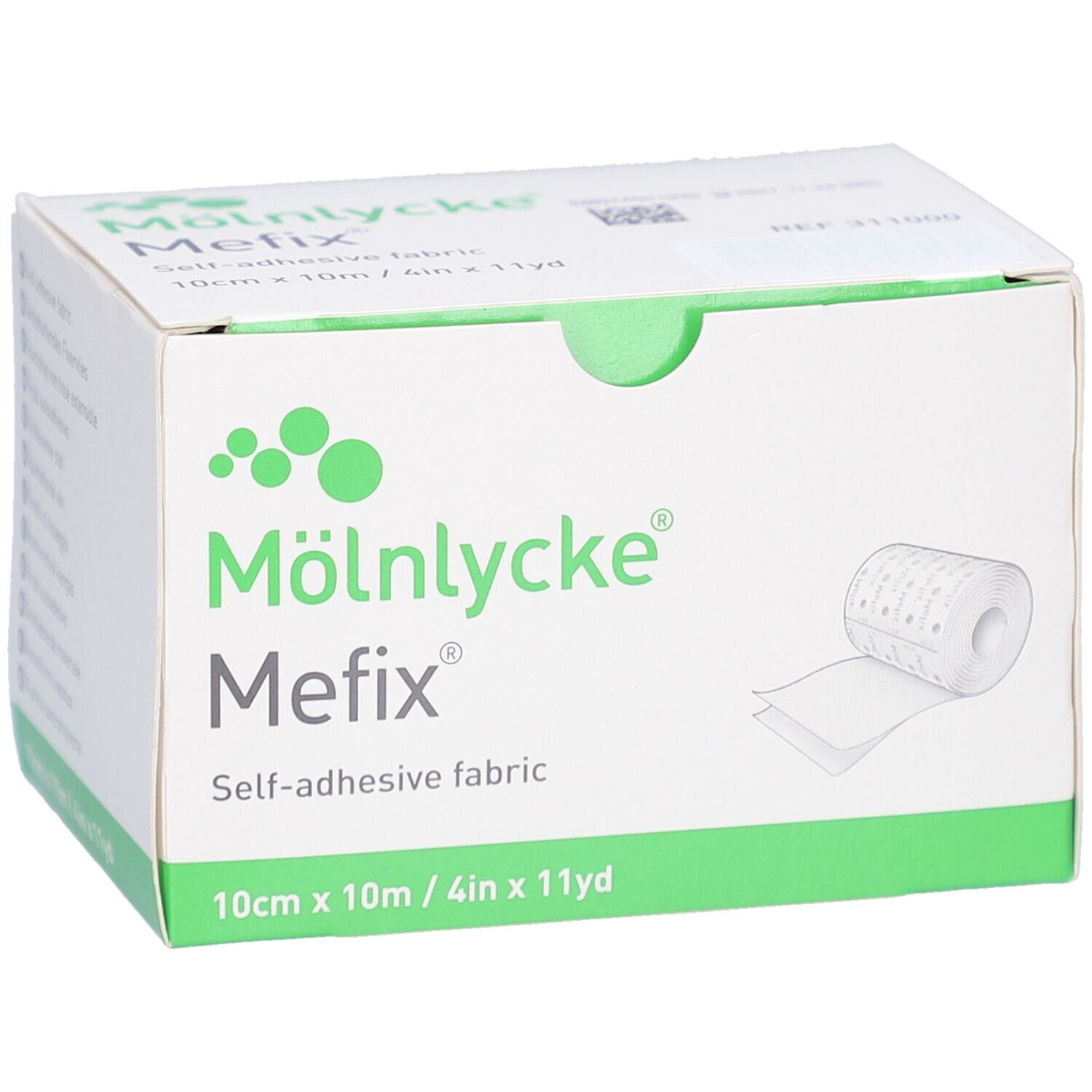 Verpackung von Mefix Fixiervlies. Weißer Karton mit grünen Akzenten. Aufdruck: Mefix, 10cm x 10m, selbstklebendes Gewebe.