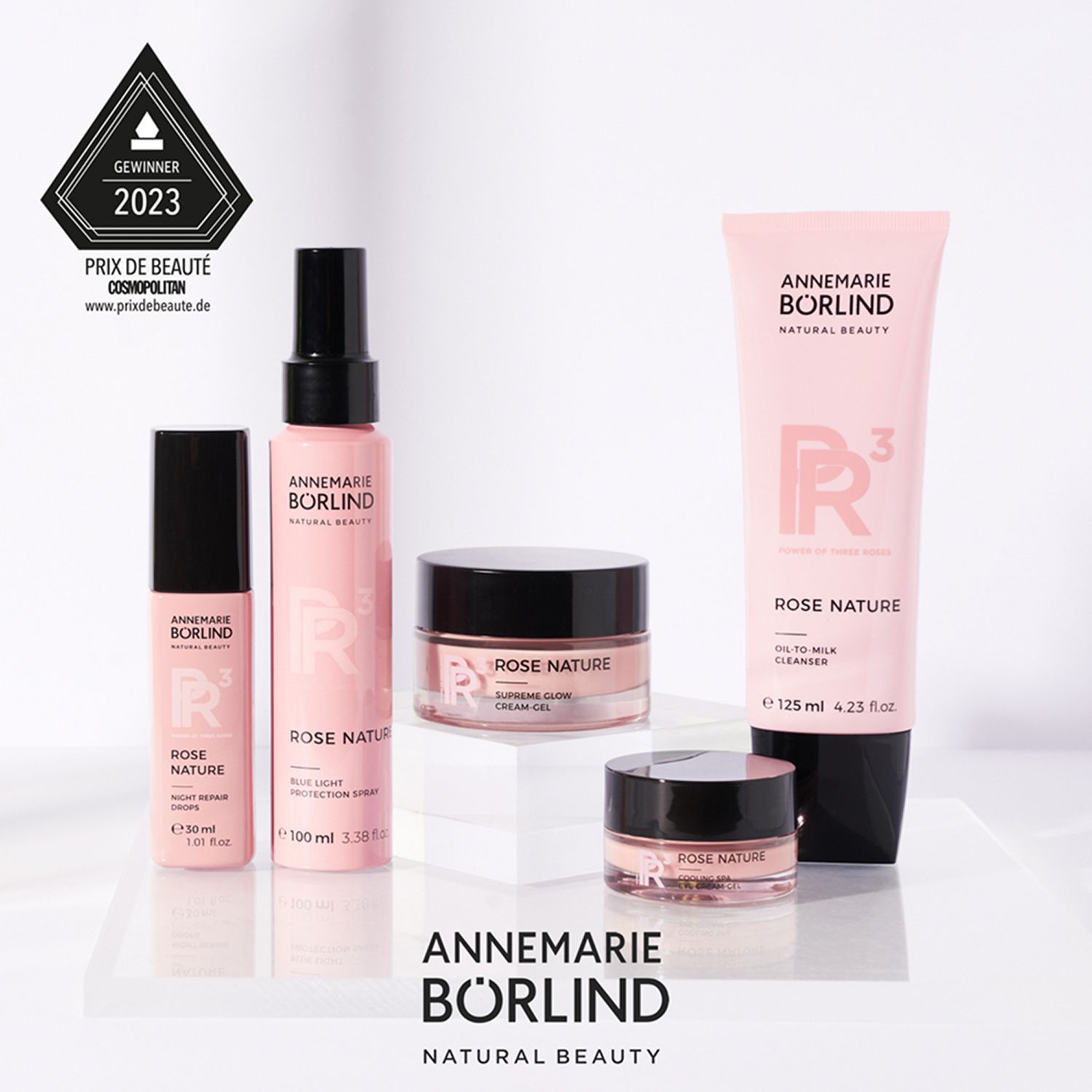Verschiedene rosa Produkte. Aufschrift: Annemarie Börlind, Rose Nature. Auszeichnung: Prix de Beauté.