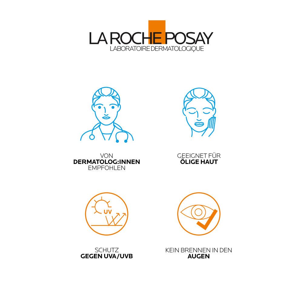 La Roche-Posay Logo. Dermatologen empfohlen. Schutz gegen UVA/UVB. Keine Augenbrennen.