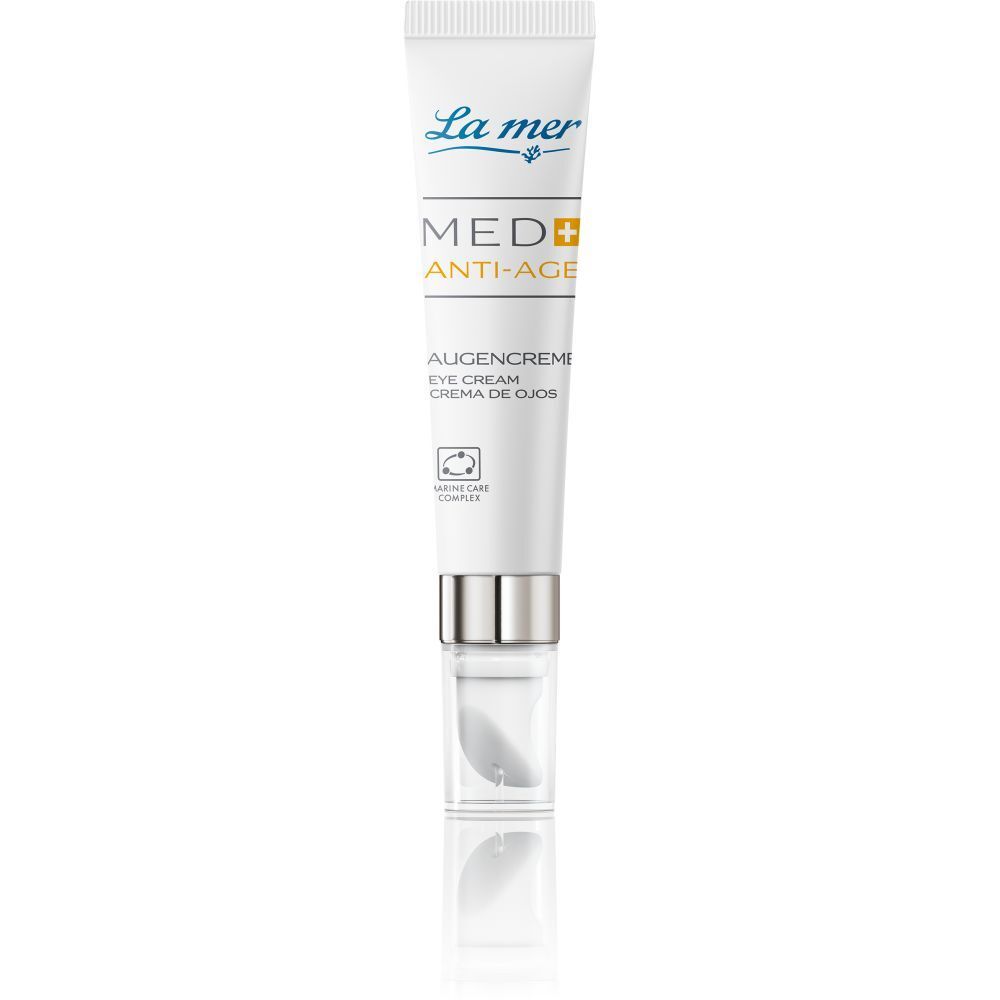 Weiße Tube mit La mer® Med+ Anti-Age Augencreme. Silberner Verschluss mit Applikator. Text: Augencreme, Eye Cream, Crema de Ojos.