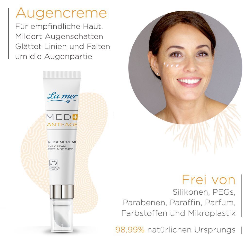 Frau mit Augencreme. Text: Augencreme für empfindliche Haut. Mildert Augenschatten, glättet Linien und Falten. Frei von Silikonen, PEGs, Parabenen, Paraffin, Parfum, Farbstoffen.