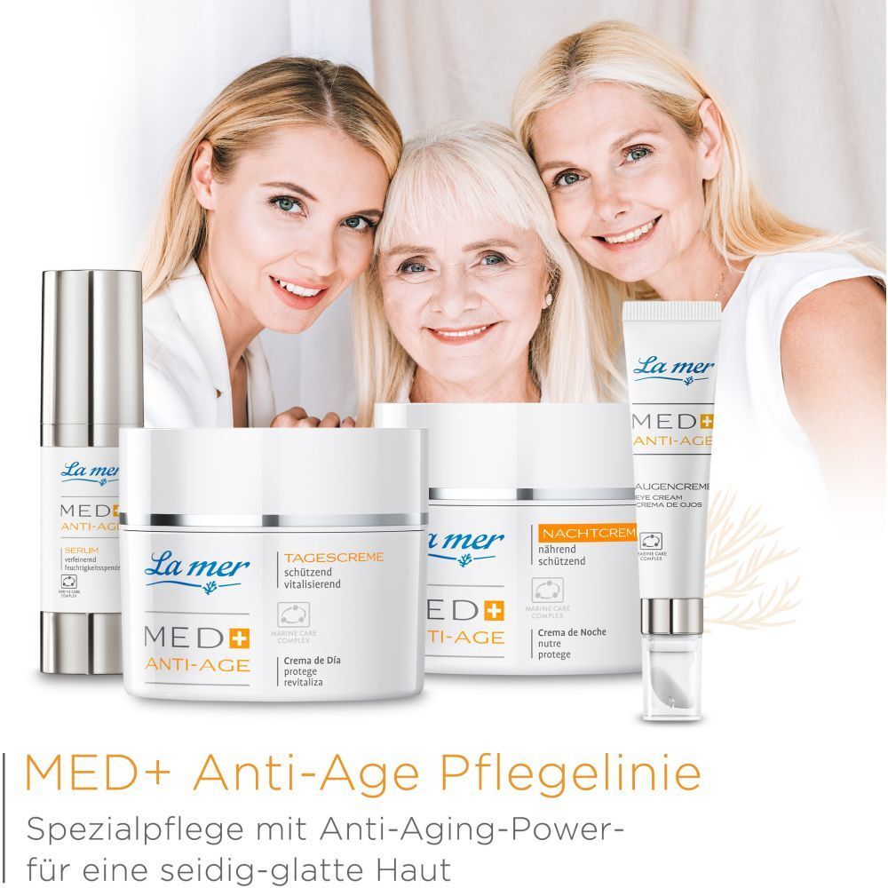 Produktlinie La mer® Med+ Anti-Age. Produkte: Augencreme, Tagescreme, Nachtcreme. Text: MED+ Anti-Age Pflegelinie. Spezialpflege für eine seidig-glatte Haut.