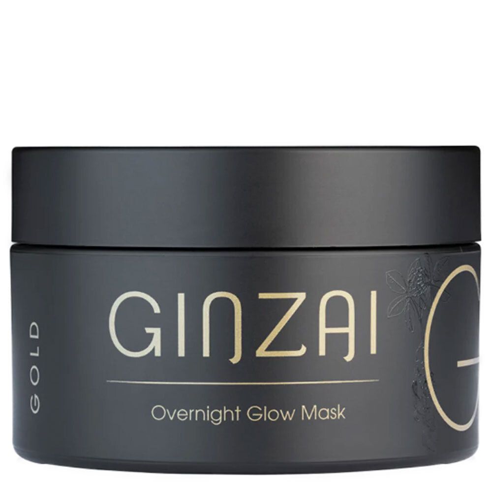 Schwarzer Tiegel mit goldfarbenem Schriftzug GINZAI Overnight Glow Mask. Aufschrift GOLD.