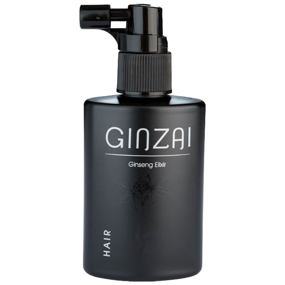 Schwarze Flasche mit Sprühkopf. Aufschrift: GINZAI, Ginseng Elixir, HAIR. Schwarzer Hintergrund.