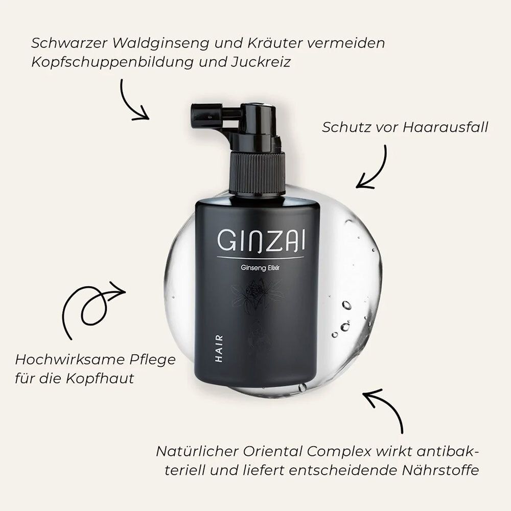 Schwarze Flasche mit Sprühkopf. Aufschrift: GINZAI, Ginseng Elixir, HAIR. Pfeile mit Text.