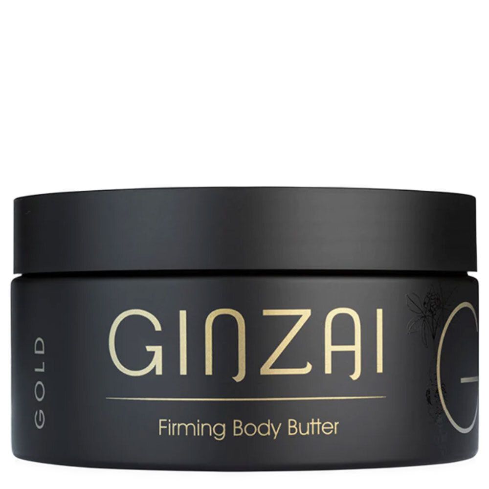 Schwarzer Tiegel mit goldener Aufschrift GINZAI Firming Body Butter. Deckel. Gold-Schriftzug.