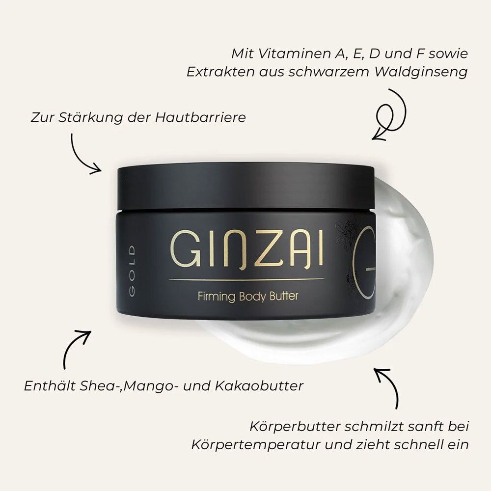 Schwarzer Tiegel GINZAI Firming Body Butter mit Pfeilen und Text. Produkt mit Inhaltsstoffen.