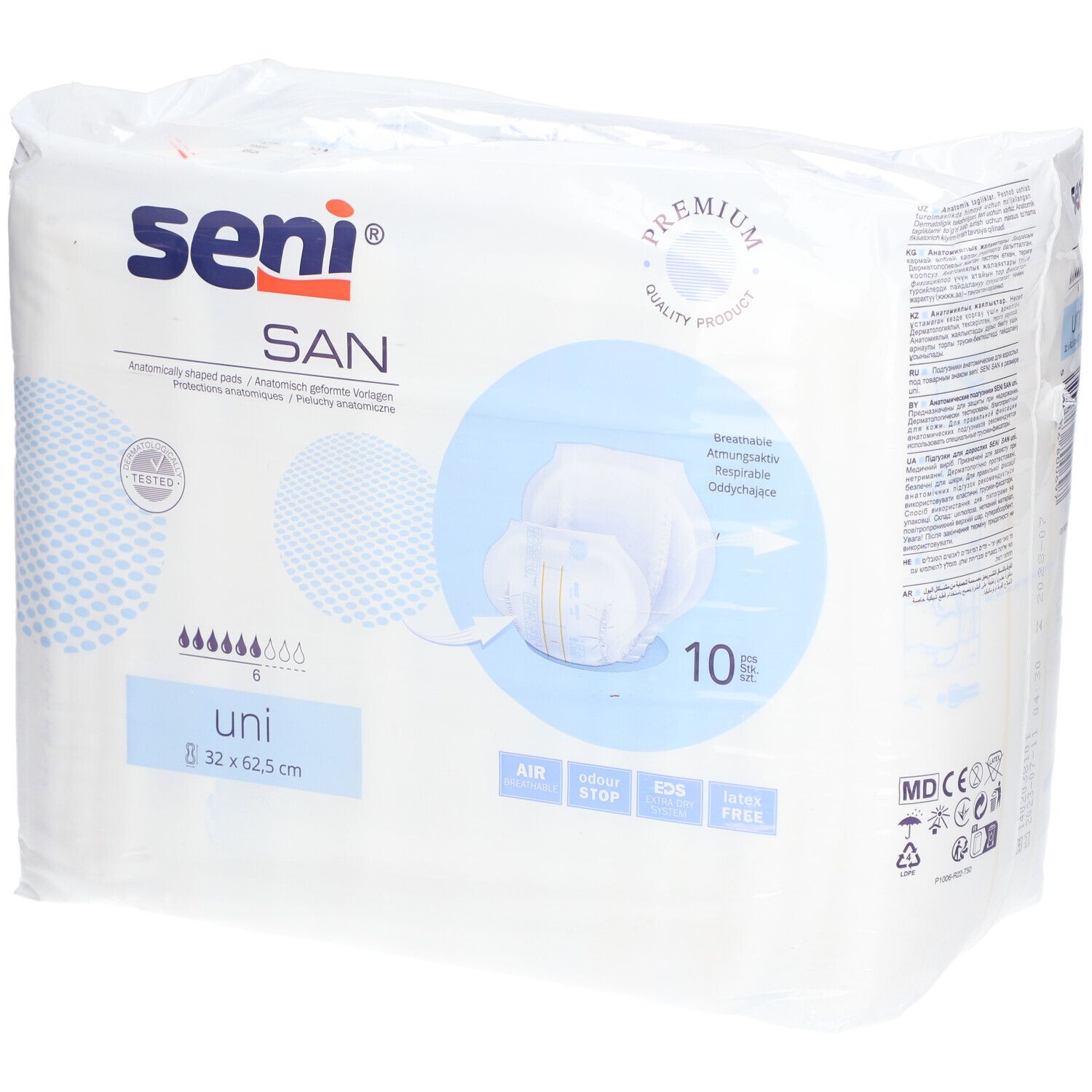 Verpackung mit Seni SAN Uni. Anatomisch geformte Vorlagen. Größe 32 x 62,5 cm. 10 Stück. Premium-Qualität.