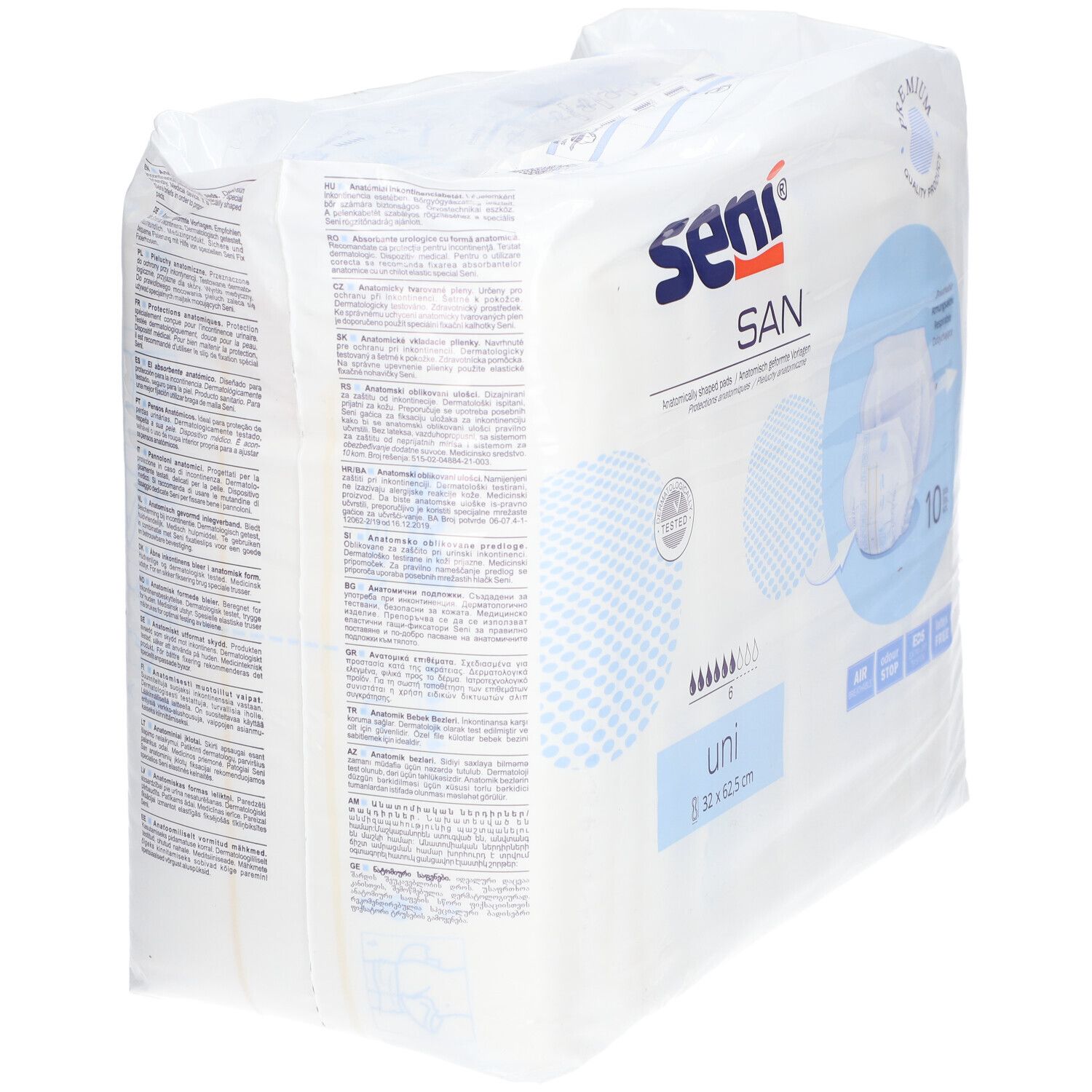 Verpackung Seni SAN Uni. Anatomisch geformte Vorlagen. Größe 32 x 62,5 cm. 10 Stück. Premium-Qualität.