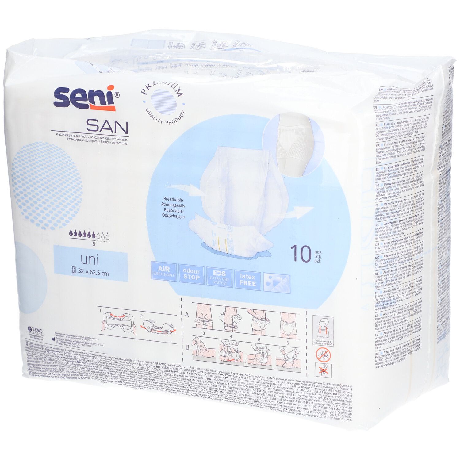 Verpackung Seni SAN Uni. Anatomisch geformte Vorlagen. Größe 32 x 62,5 cm. 10 Stück. Premium-Qualität.