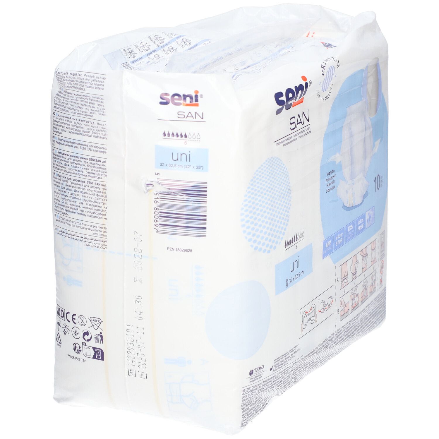 Verpackung Seni SAN Uni. Anatomisch geformte Vorlagen. Größe 32 x 62,5 cm. 10 Stück. Premium-Qualität.