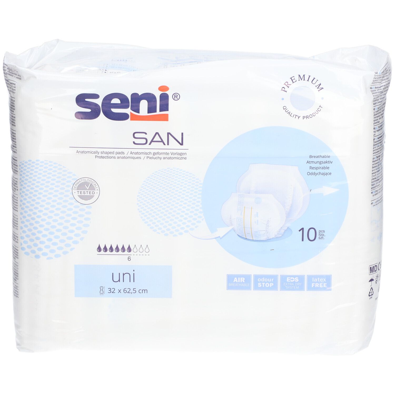 Verpackung Seni SAN Uni. Anatomisch geformte Vorlagen. Größe 32 x 62,5 cm. 10 Stück. Premium-Qualität.